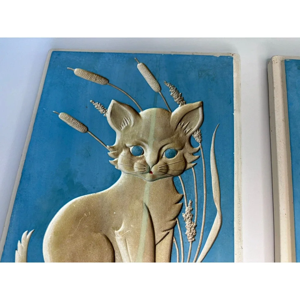🐈Vintage 1961 Richter Chalkware Blue Eyed Cats Blue Background 12